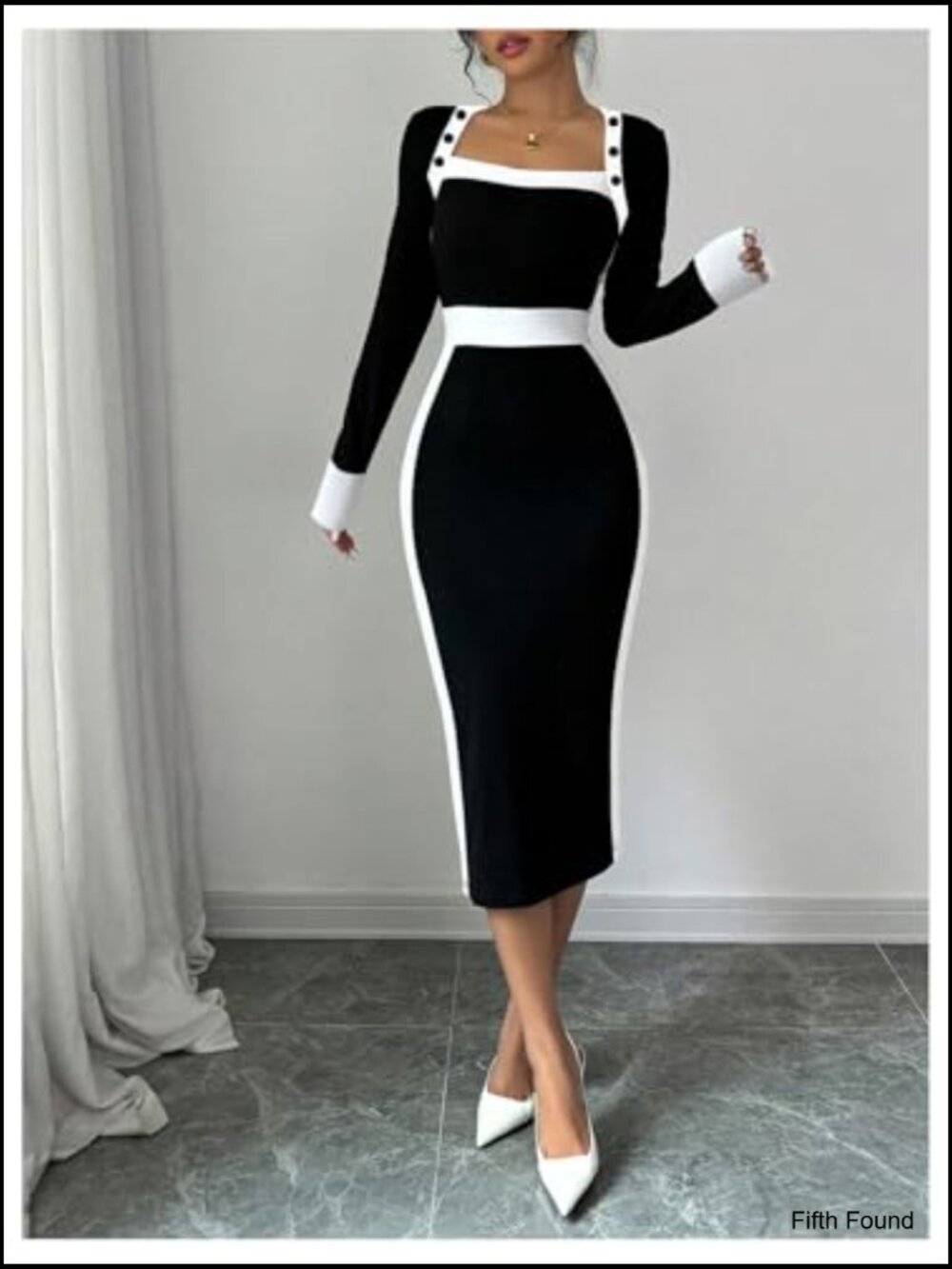Long sleeve square neck bodycon midi dress - Picture 5 of 7